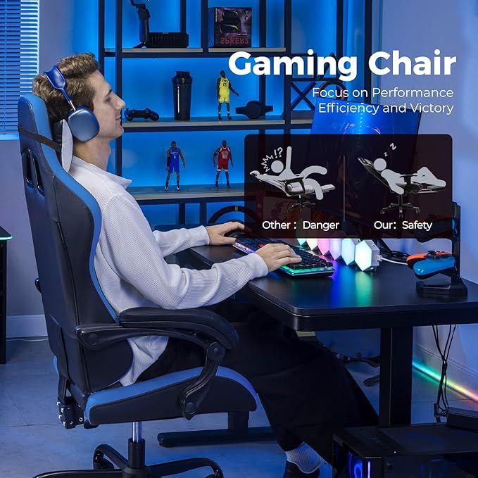 GTPLAYER Gaming Chair Video Game Chairs Racing Style PC Game Chairs 350lbs for Adults - Padded High Back Ergonomic Reclining Silla Gamer Linkage Armrest Blue