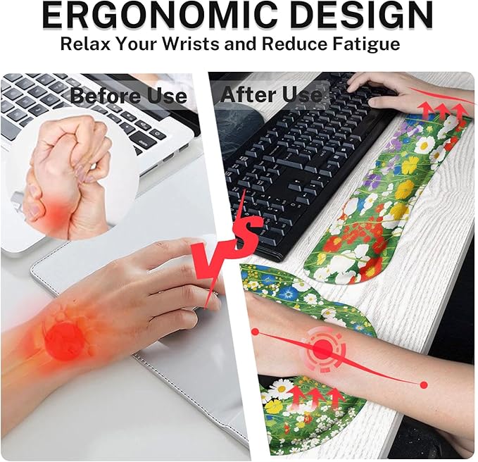 Arttown Red White Blue Flower Desk Mat Cute Black Cat Mouse Pad Set 4 in 1 Ergonomic Design Large Desk Pad + Keyboard Wrist Rest + Mouse Wrist Rest + Coaster Suitable for Home Office Study Game