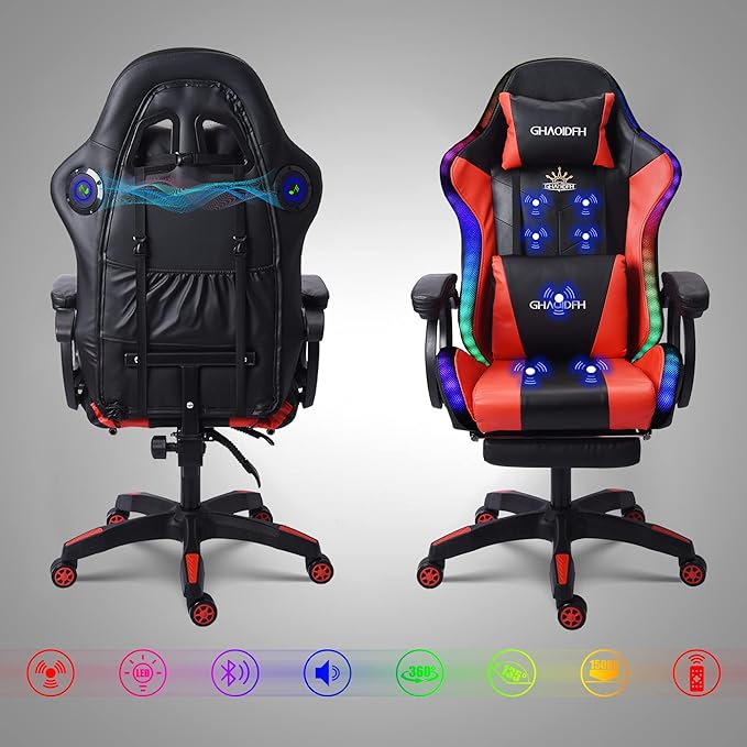 TBQATNTS Gaming Chair with LED Lights and Speakers Ergonomic Gaming Chair with Massage and FootrestComfortable Computer Reclining with Headrest and Lumbar SupportVideo Game Chair for Adults Kids.R