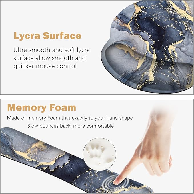 ARTSO Large Mouse Pad Ergonomic Keyboard Wrist Rest Support Combo Memory Foam Gel Extended Desk Mat Protector Non-Slip Desk Blotter Dark Blue Marble