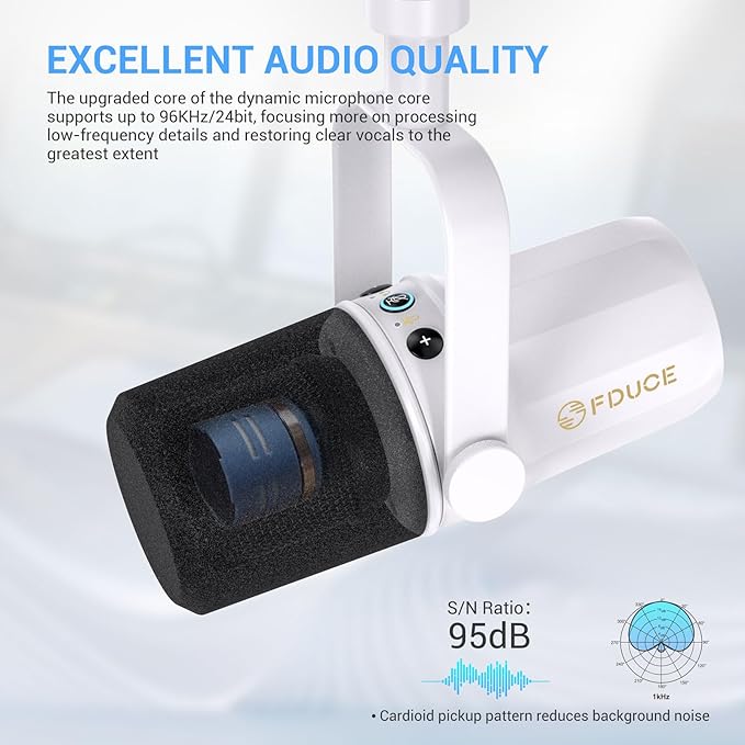 FDUCE SL40 Dynamic Microphone for Podcasting Gaming Live Streaming and Recording Built-in Headphone Output LED Mute Button All-Metal USB/XLR Voice Isolation Technology (White)