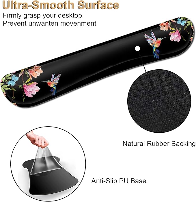 Ergonomic Mouse Pad with Gel Wrist Rest Support Gaming Mouse Pad with Cloth Non-Slip PU Base for Computer Home Office Memory Foam Keyboard Wrist Rest Support Hummingbird Watercolor Flower