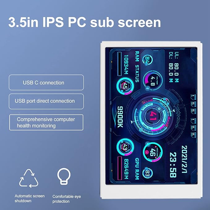 Yunseity Computer Temp Monitor AIDA64 PC CPU Hard Disk Real Time Data Monitor 3.5 Inch USB Mini Screen PC Sensor Panel Display with USB Type C Port (White)
