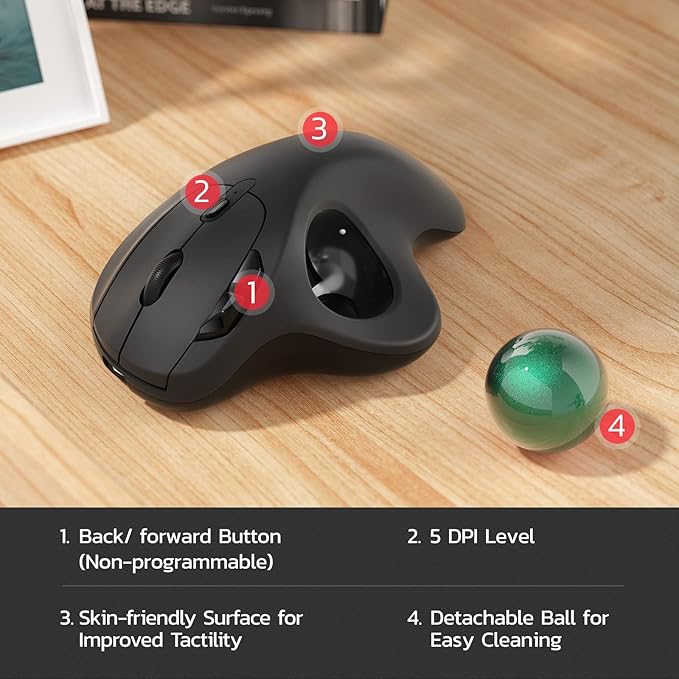 Nulea M501 Wireless Trackball Mouse Rechargeable Ergonomic Easy Thumb Control Precise &amp Smooth Tracking 3 Device Connection (Bluetooth or USB Receiver) Compatible for PC Laptop Mac Windows
