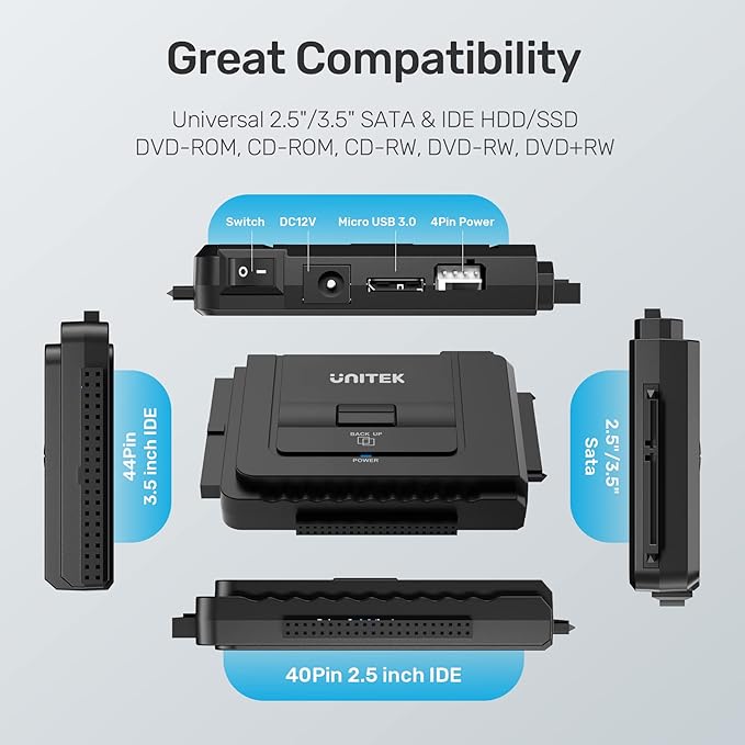 Unitek USB C to IDE and SATA Converter External Hard Drive Adapter Kit for Universal 2.5/3.5 HDD/SSD Hard Drive Disk One Touch Backup Function Included 12V/2A Power Adapter