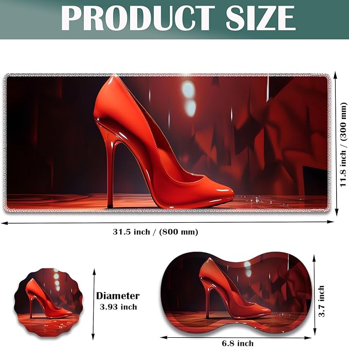 Large Game Mouse Pad + Wrist Support Pad + Coffee Coaster Desk Pad with Sewn Edges Anti-Slip Set pad Suitable for Office Work and Home - Red High Heels