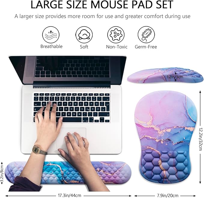 Mouse Pad Wrist Support Laokiiy 2 in1 Keyboard Wrist Rest+ Ergonomic Mouse Pad Non-Slip Wrist Rest for Computer Keyboard Made Easy Typing &amp Relieve Wrist Pain(Blue Pink Marble)
