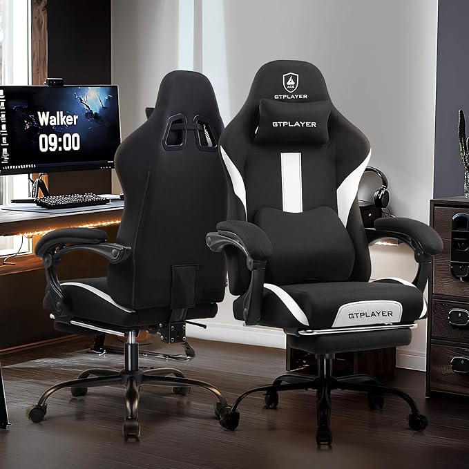 GTPLAYER Gaming Chair with Foot Rest &amp Pocket Spring Cushion Ergonomic High Back Computer Desk Chair with Headrest &amp Lumbar Support for Back Pain Relief Breathable Fabric Black