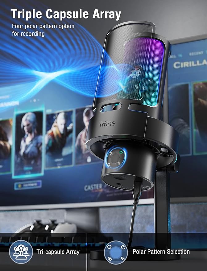 FIFINE Gaming USB Microphone PC Computer Mic with 4 Polar Patterns for Podcast Streaming Recording YouTube RGB Condenser Desktop Mic for Windows Mac with Headphone Jack-AmpliGame A8 Plus