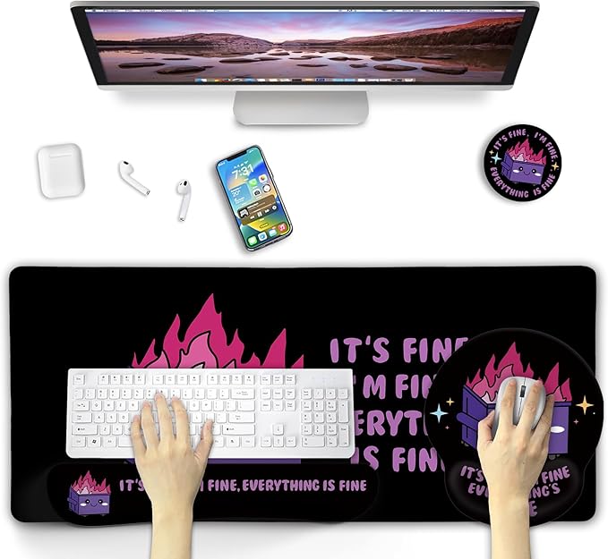 Blusabaca Dumpster on Fire Mouse Pad Desk Pad Funny Cute Desk Mat Large Gaming Mouse Pad with Wrist Rest Keyboard Pad Wrist Rest Ergonomic Cup Coaster Work Home Desk Accessories Office Supplies