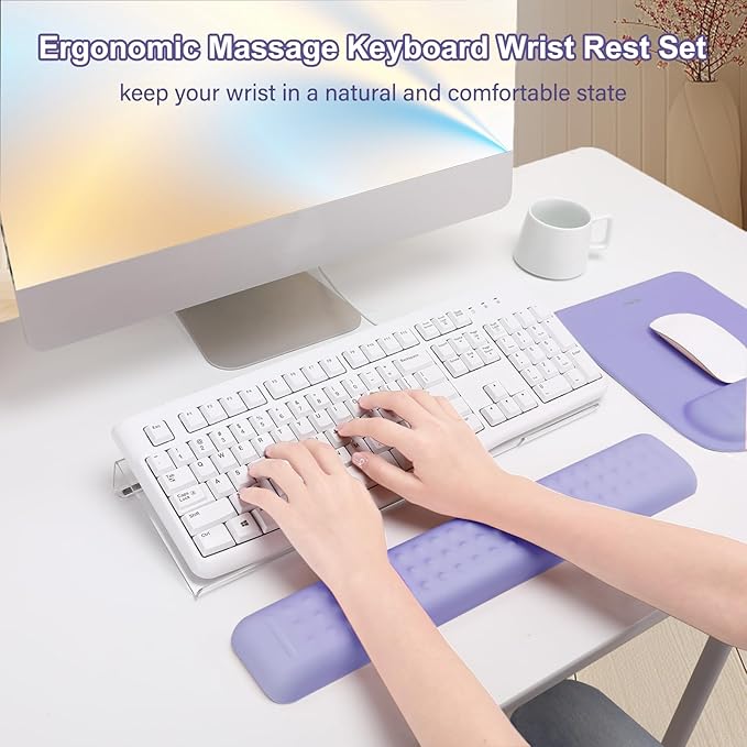 MOSISO Computer Keyboard Stand&ampWrist Rest Support for Keyboard &ampMouse Pad Set Ergonomic Massage Wrist Rest Set Easy Typing Working Acrylic Clear Stand for Office Home Purple