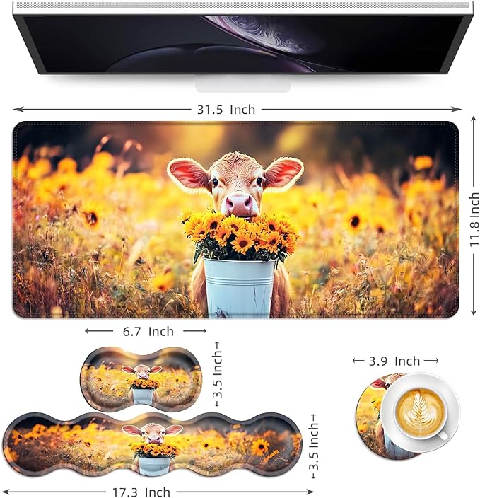 Keyboard Mouse Pad Set Extended Gaming Mouse Pad+Ergonomics Keyboard Wrist Rest Support Memory Foam Easy Typing Pain Relief 4Pcs XL Ultra Thick Desk MatCalf Sunflower Field