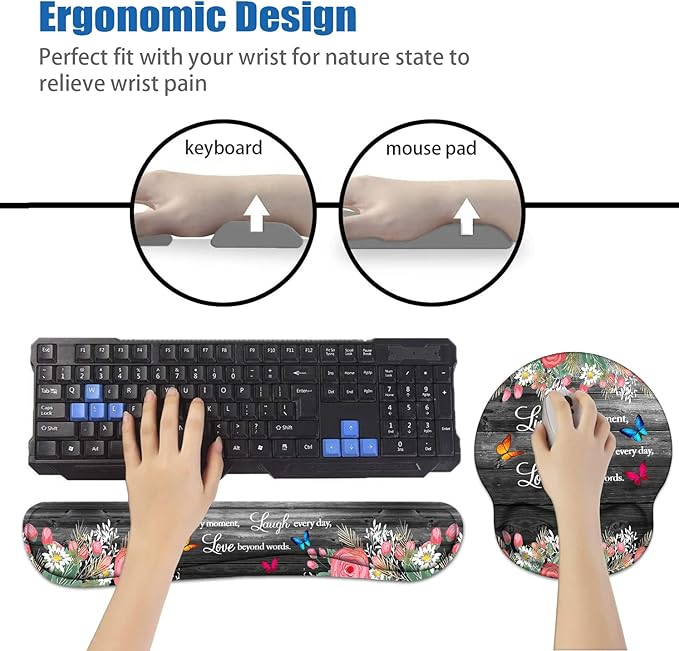 Keyboard Wrist Rest and Mouse Pad Wrist Support Set with Coasters Ergonomic Gaming Mousepad Non-Slip PU Base for Home Office Working Studying Easy Typing &amp Pain Relief Floral Quote Live Laugh Lo