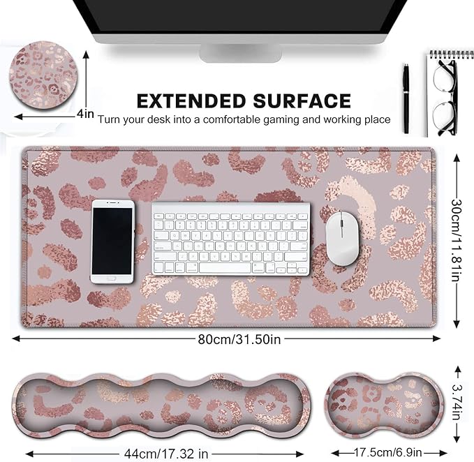 Large Mouse Pad Extended Gaming Mouse Pad 31.5x11.8 Ergonomic Memory Foam Keyboard Wrist Rest Supportfor Home Laptop Working Big Office Desk Pad with Non-Slip Base Rose Gold Leopard Pink Desk Mat