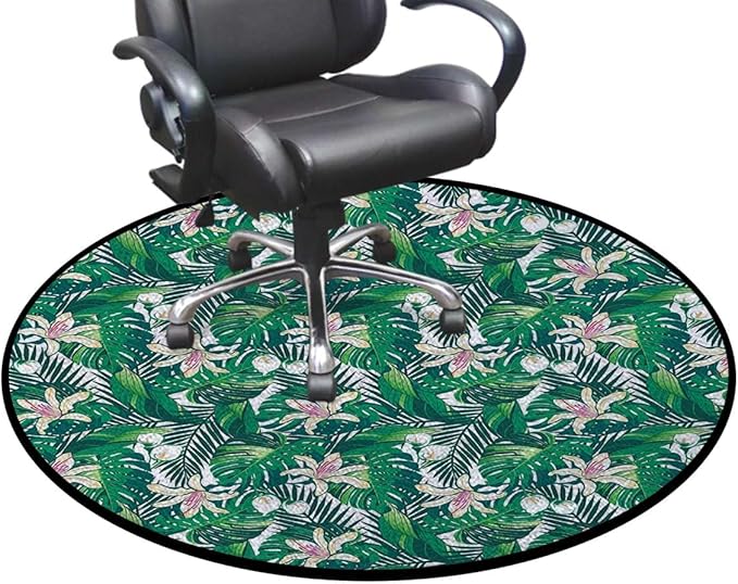 Green Olive Green Round Area Rug Swivel Chair Mats for Hardwood Floor Washable Waterproof Spill Mat Anti-Slip Floor Protector Rainforest Jungle Foliage Pattern Diameter 47.2 in