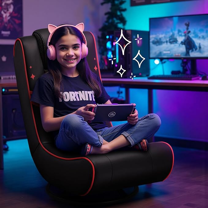 GTPLAYER Floor Gaming Chair Foldable Swivel Floor Chairs for Kids Boys Comfy Video Game Seat with 360° Multipurpose for Gamers Bedroom or Game Room (Black-Red)