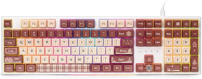 Redragon K668 Xmas Wired Gasket RGB Gaming Keyboard 108 Keys Mechanical Keyboard w/Extra 4 Hotkeys Upgraded Hot-swappable Socket Sound Absorbing Foam Christmas Gingerbread Man Themed Cute Keycaps