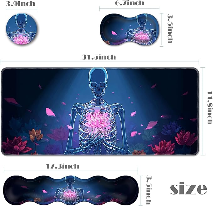 Ergonomic Keyboard Wrist Rest &amp Mouse Pad Wrist Rest SetXL Gaming Desk Mat 31.5x 11.8Non-Slip BaseMemory FoamEasy Typing Pain Relief for Office &amp HomeSkeleton with Glowing Lotus