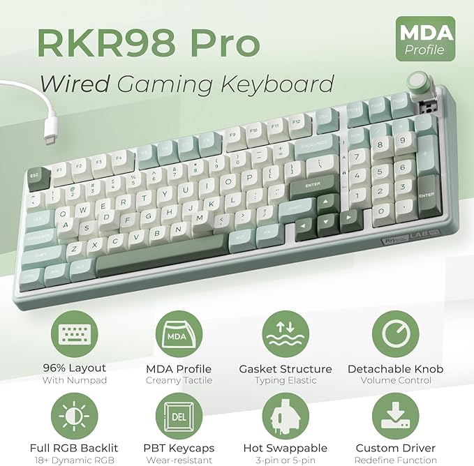 RK ROYAL KLUDGE R98 Pro Creamy Mechanical Keyboard 96% Wired Gaming Keyboard RGB Backlit with Number Pad and Volume Knob Gasket Mount MDA Profile PBT Keycaps Hot Swappable Pre-lubed Tactile Switch