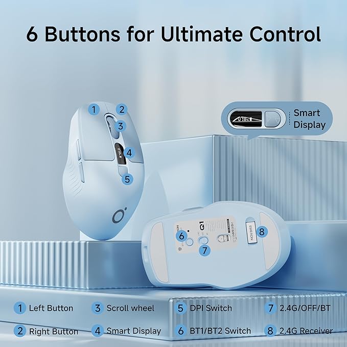EWEADN Q1 Wireless Mouse BT &amp 2.4G Silent Mouse Quiet Click with 1600 DPI Levels Battery &amp DPI LED Screen Display 6 Button Small Portable Bluetooth Mouse for Laptop/PC/Mac-Blue
