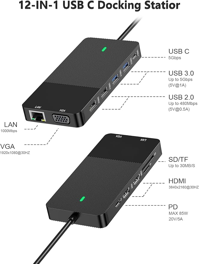 12-in-1 USB C Docking Station with Dual 4K HDMI VGA Gigabit Ethernet 100W PD Charging 4 USB Ports SD/TF Card Reader for MacBook/Windows/Laptop
