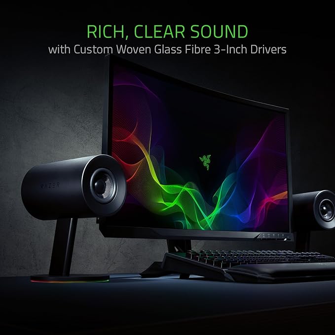Razer Nommo Chroma - Computer Speakers Rear Bass Ports for Full Range Gaming &amp Sound Immersion - Custom Woven Glass Fiber 3in Drivers (Renewed)