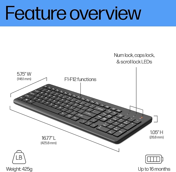 HP 220 Wireless Keyboard - 2.4GHz Connectivity w/Data Encryption - Low-Profile Chiclet Keys - Win/Mac - Laptop PC Compatible - Shortcut Keys &amp Num Pad - LED Num Caps &amp Scroll Lock (‎‎805T2A