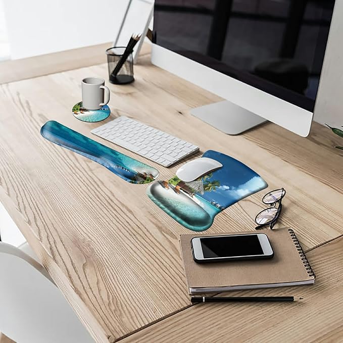 Keyboard Wrist Rest and Mouse Wrist Rest Pad Set Made of Memory Foam with Non Slip Rubber Base Ergonomic Gel Wrist Rest for Computer Keyboard Gaming Office Working with Beach Sand Coaster