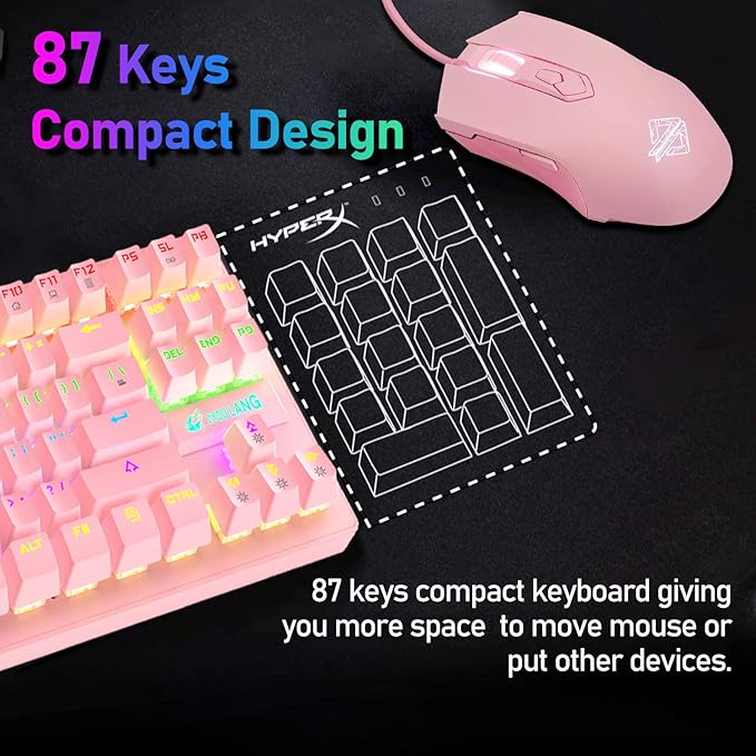 LexonElec K2 Mechanical Gaming KeyboardBlue Switch Mini 82 Keys Wired Rainbow LED Backlit KeyboardLightweight Gaming Mouse 6400DPI Honeycomb Optical for MAC PC Gamers(Pink)