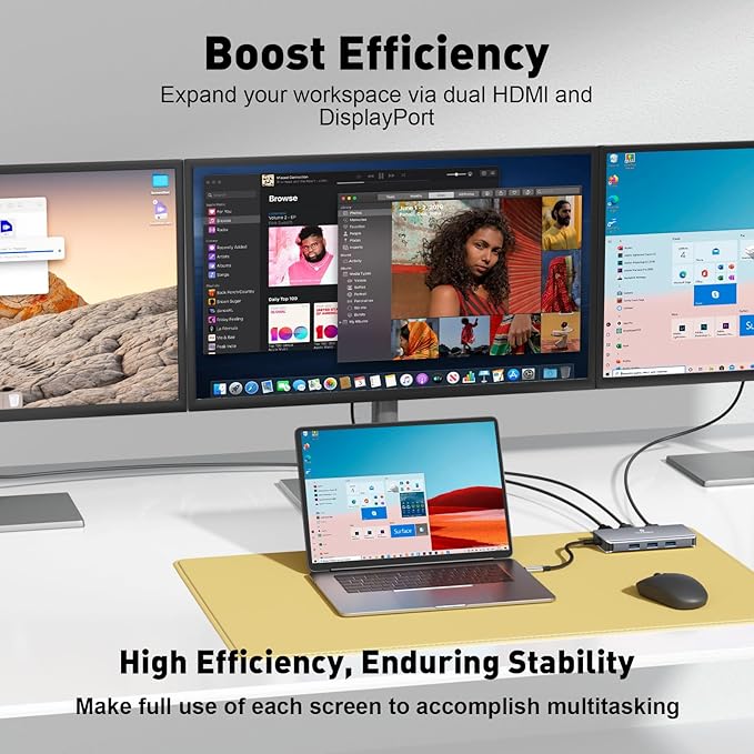 USB C Docking Station Dual Monitor Laptop Docking Station 3 Monitor USB C Hub Dual 4K@60Hz HDMI Display with DisplayPort Port 5Gbps USB-A/C Data Port 100W PD for HP/Dell/Lenovo/Laptop
