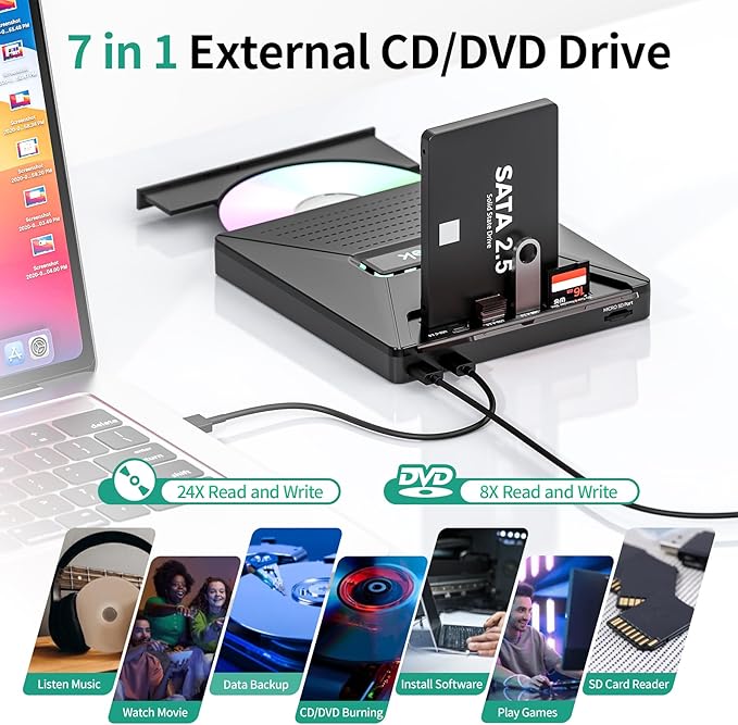 CD DVD Drive External Portable CD DVD Driver +/-RW Burner with 2.5 SATASD Card Reader and USB A Type C 2.0 Hub Compatible with Laptop PC