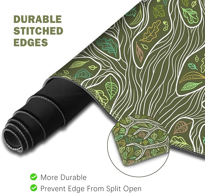 ToLuLu Desk Mat Gaming Mouse Pad Wrist Support 4 in1 Set XXL Large Mouse Pad + Keyboard Wrist Rest + Memory Foam Cushion Mouse Wrist Rest for Pain Relieve + Coaster Table Computer PC Green Leaves