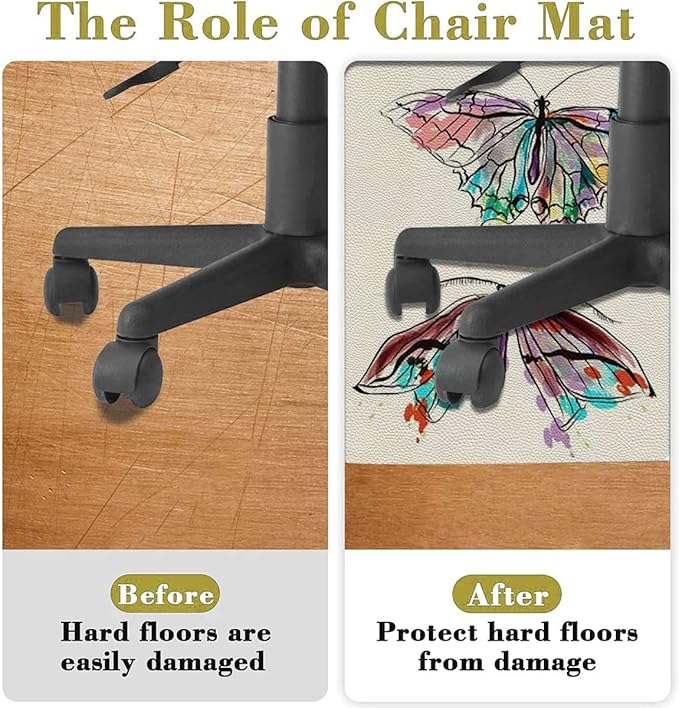 Purple Green PU Leather Gaming Chair Mat Under Computer Desk Watercolor Butterfly Romantic Round Office Chair Mats Home Rolling Gaming Chair Mat Magical Naturey Diameter 39.4 in