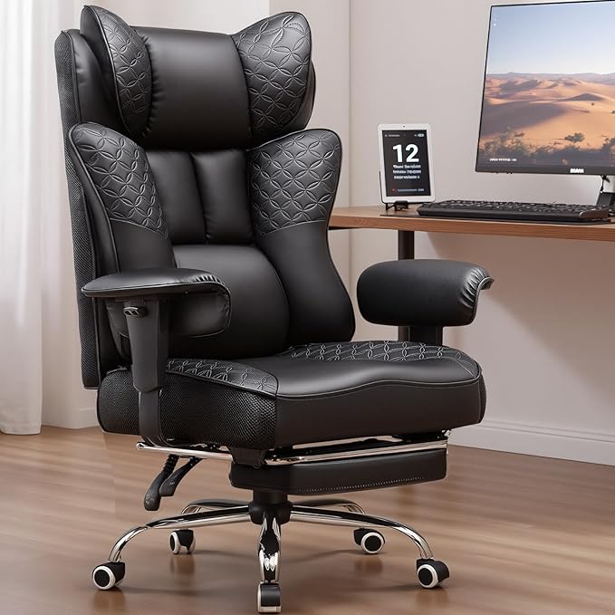 GTPLAYER Big and Tall Office Chair 400LBS Wide Ergonomic Gaming Chair with Deluxe Embossing Designed Leather with Foot Rest150°Reclining Adjustable Soft Armrests Pocket Spring Back Support and Pillow