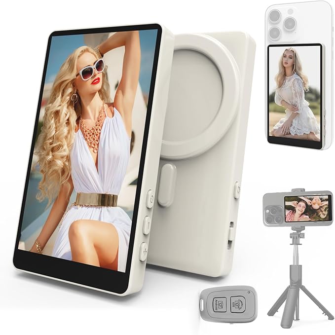 Vamvo Selfie Monitor Screen Vlog Magnetic with Remote Control 1080P Wireless Screen Mirroring Video Recording for Android iOS for Content Creator Live Stream &amp TikTok (White)