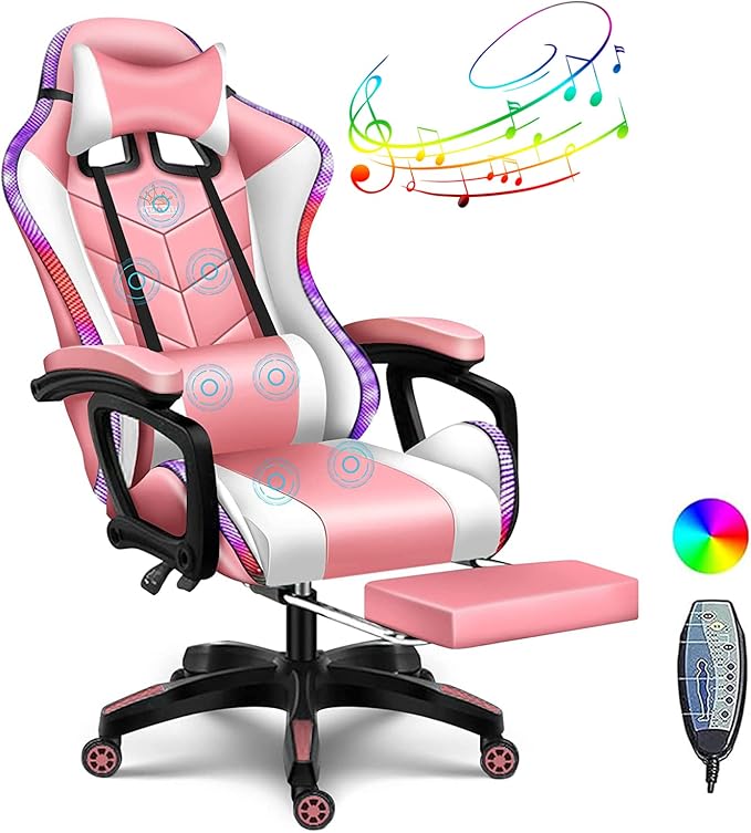LED Gaming Chair with RGB Lights and Speakers Reclining Computer Chair with Footrest High Back Ergonomic Massage Gamer Chair PU Leather Desk Chair Big and Tall Gaming Chairs for AdultsPink