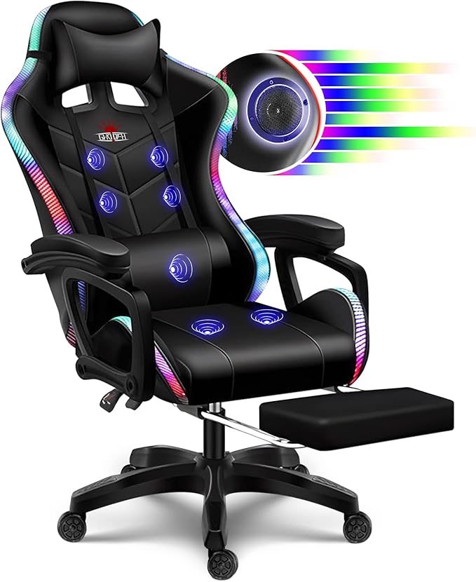 RGB Gaming Chair with Speakers and Massage Racing Computer Chair with Massage and Footrest for Office or Gaming. (All Black)
