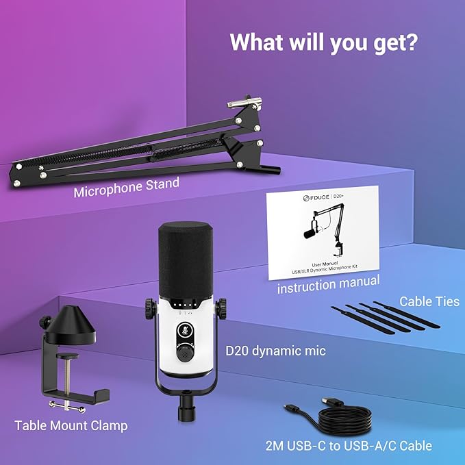 FDUCE Dynamic Gaming Microphone kit USB/XLR Podcast Computer Microphone with Boom arm Stand RGB Light Mute Button and Headphone Jack for Gamer Streaming Recording Studio YouTube Online Chat(D20+)
