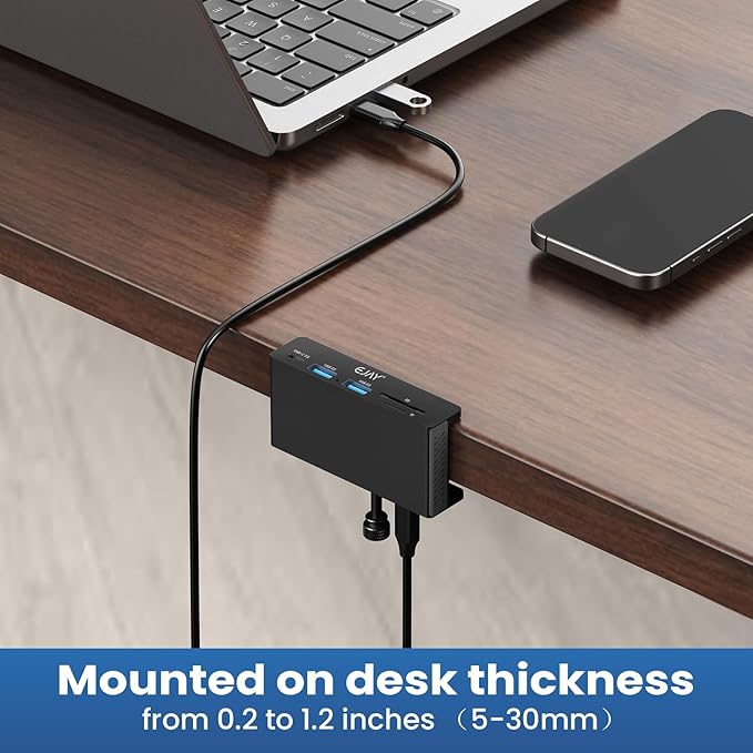 EJAY 5-Port USB 3.0 Hub with Card Reader &amp Clamp Mount 5Gbps Aluminum Docking Station for MacBook PC Dual Cable USB Adapter for Photographers Remote Workers Students Black