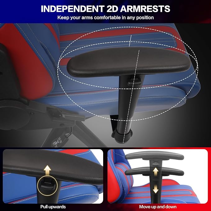 Modern-Depo Video Gaming Chair High Back Ergonomic Computer Chair with Lumbar Support Headrest Height Adjustable Swivel PVC Leather Recliner Blue Red