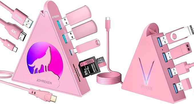 Pink USB-C Hub Bundle – Wolf 8-in-1 USB C Hub with 4K@30Hz HDMI PD100w 5Gbps USB-C 3 USB-A 3.0 SD/TF Card Reader Flying V Type C to 4 USB 3.0 Ports Hub for MacBook iMac iPad