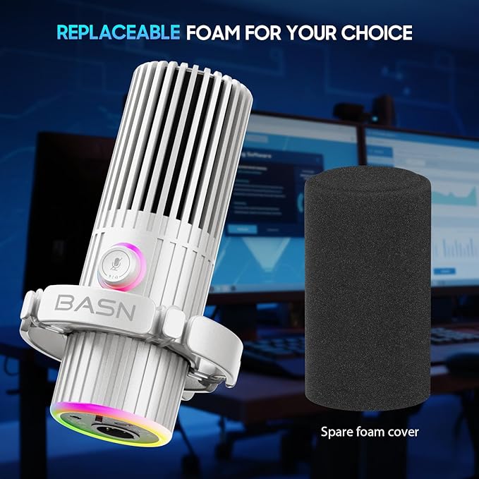 BASN USB/XLR Dynamic Microphone for Podcasting Live Streaming Gaming Recording with RGB Mute Button Headphone Monitoring and MIC Stand (White) SL2000