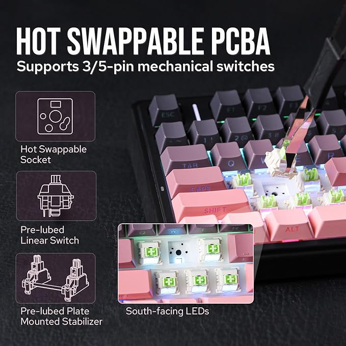 EPOMAKER X Aula F75 75% Wireless Gaming Keyboard BT/2.4GHz/USB-C Hot Swappable Creamy Mechanical Keyboard with 5-Layer Padding&ampKnob NKRO RGB (Black Pink Reaper)