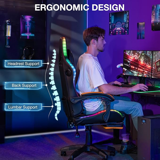 HOFFREE LED Gaming Chair with Speakers and Massage Video Game Chair Big and Tall with Footrest Gamer Chair for 400lbs Computer Desk Chair Yellow and Black Yellow+black HOGC-MAX303