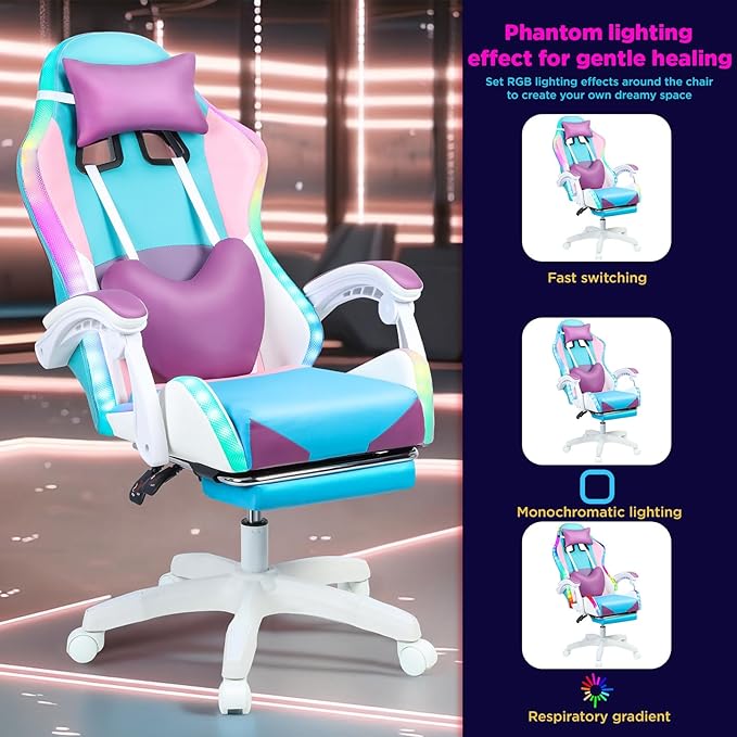 Gaming Chair with LED Lights Adjustable Gaming Chairs for Adults Ergonomic Massage Computer Chair with Load 300LBS 360° Swivel Seat Retractable Footrest Video Gamer Chairs Pink Purple