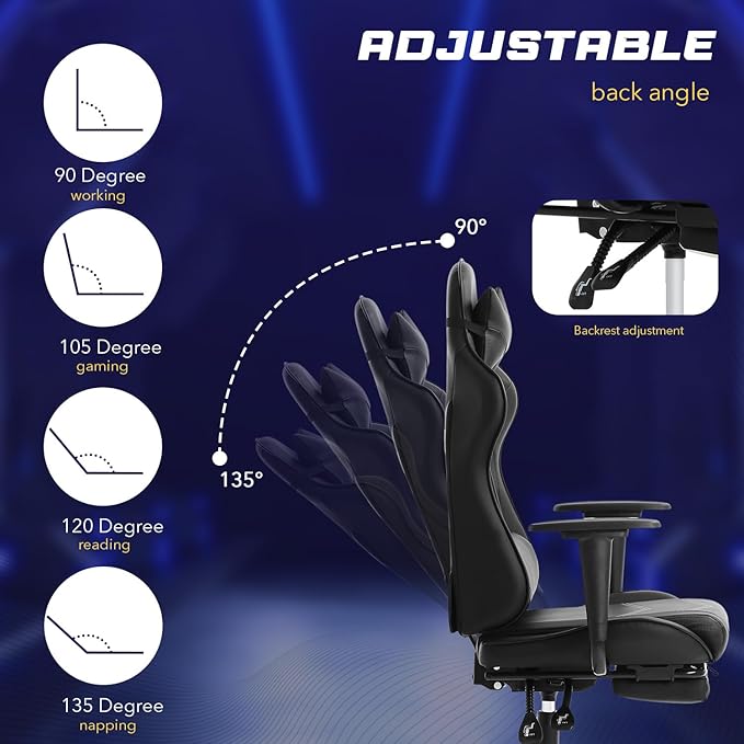Gaming Chair with FootrestErgonomic Office ChairAdjustable Swivel Desk ChairReclining Computer Chair with Lumbar Support and HeadrestRacing Style Video Gamer ChairBlack