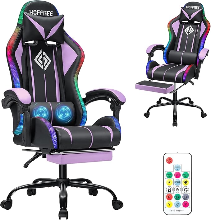 HOFFREE Gaming Chair with LED RGB Lights and Massage Ergonomic Computer Chair with Footrest High Back Video Game Chair with Adjustable Lumbar Support Linkage Armrest Purple and Black