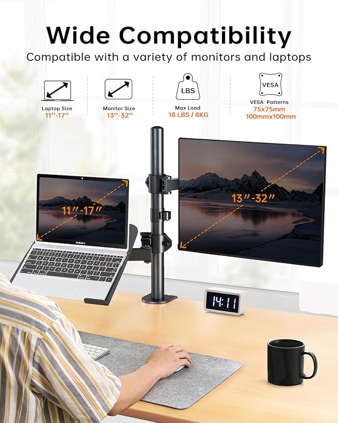 H&ampC(hcck&ampCllassp) Monitor and Laptop Mount Stand for 13 to 32 Screens Adjustable Monitor Arm Stand with Tray for 11-17” Laptop Holds 18lbs/Arm C-Clamp 75x75/100x100 VESA