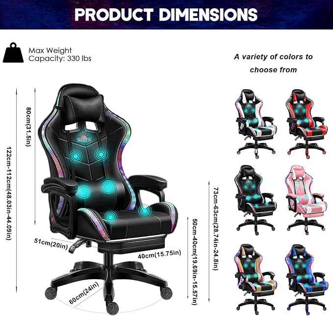 Gaming Chair with Speakers and Footrest Full Massage Computer Chair with RGB Lights Ergonomic Video Game Chair with Lumbar Support PU Leather High Back Gamer Chair for Office and GamingWhite