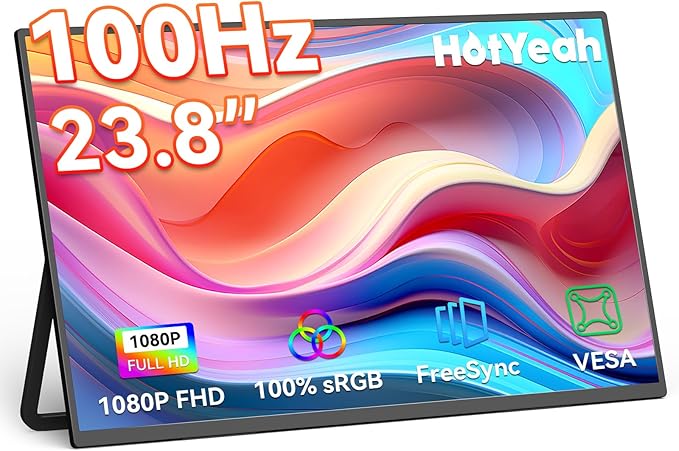 HotYeah 23.8 100Hz Portable Monitor 1080P FHD 100% sRGB IPS USB-C HDMI Large External Monitor Home Gaming 2nd Screen w/180° Adjustable Kickstand for MacBook Laptop PC Phone Tablet Switch PS5